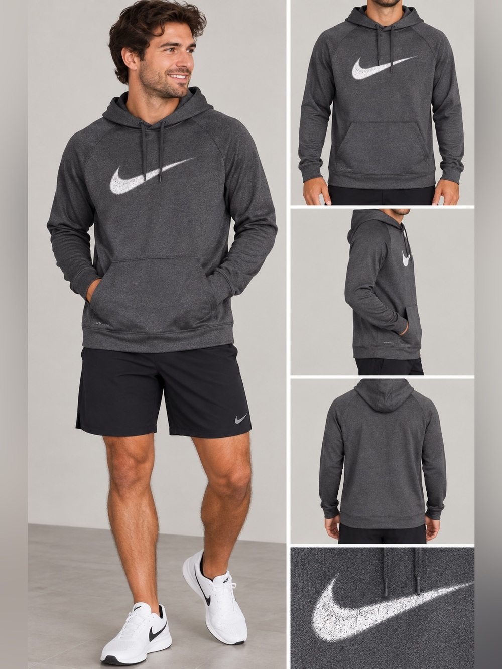 Nike Dri-FIT Men’s XL Gray Pullover Hoodie White Swoosh Like New